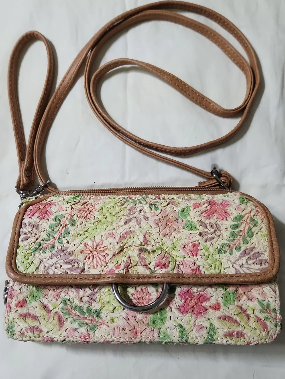 Bueno Floral Embroidered Crossbody in Pink, Green & Tan